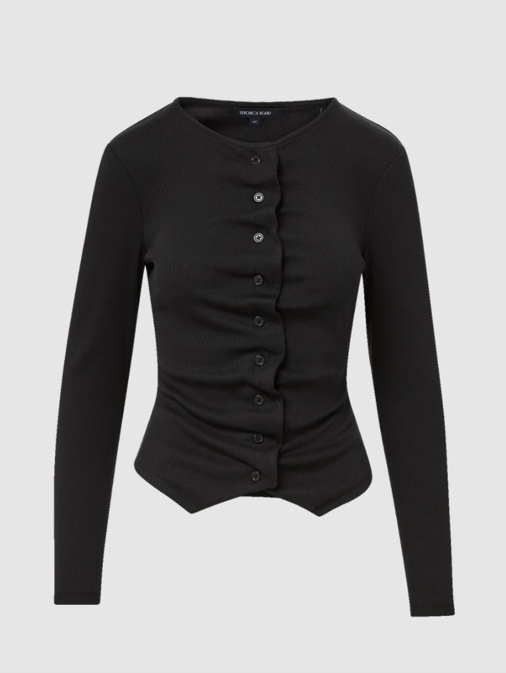 VERONICA BEARD Jasminah Ribbed Button Front Ruched Top in Black Medium - Picture 2 of 10
